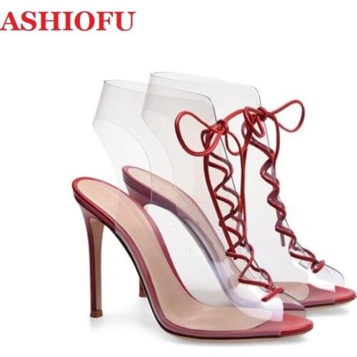 ASHIOFU 2020 New Handmade Ladies High Heel Sandals PVC Transpatent Sexy Party Prom Shoes Peep-toe Evening Fashion Sandals Shoes