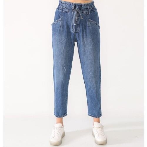 Women, Jeans, High Waist, Elastic Waist, Gathered, Comfortable, Blue, Full Length, Solid Color, Cotton Denim Trousers, 2021