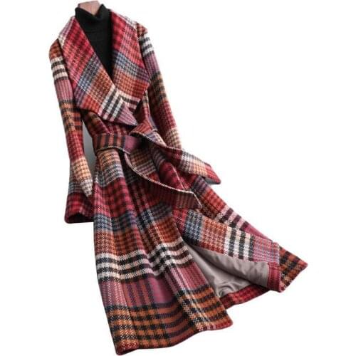 New Womens Wool Blends Coat Winter 2021 Autumn Fashion Elegant Plaid Slim Long Woolen Outerwear Female High Quality