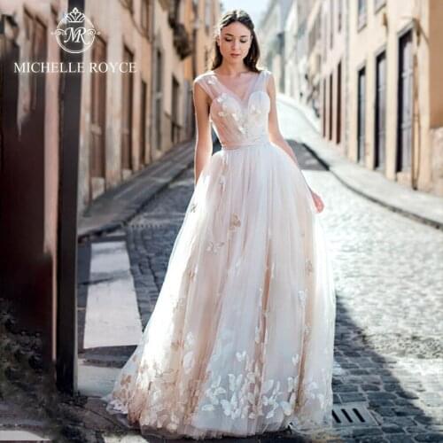 Michelle Royce A-Ling Wedding Dresses 2020 Sexy Sweetheart Illusion Sashes Button Court Train Wedding Gowns Vestido De Noiva