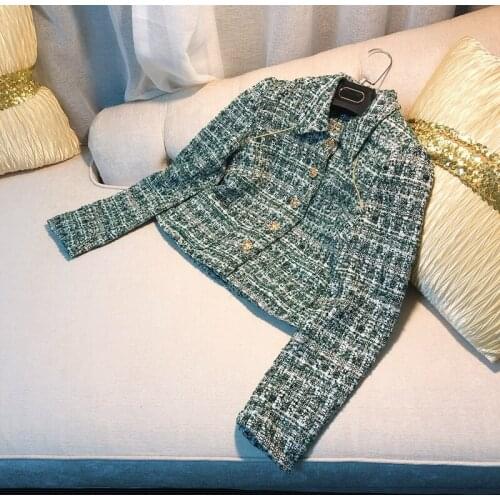 Famous New elegant and lady with green plaid small fragrance tweed short dress jacket and cardigan