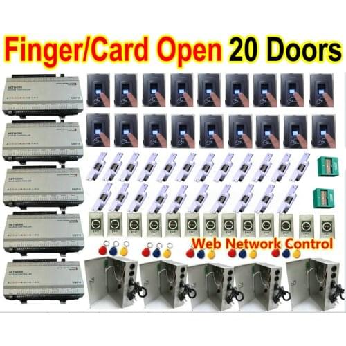 20 Doors Fingerprint open the door, 1 software Biometric control reader with Metal case Web+IP Controller TCP Access Panel kits