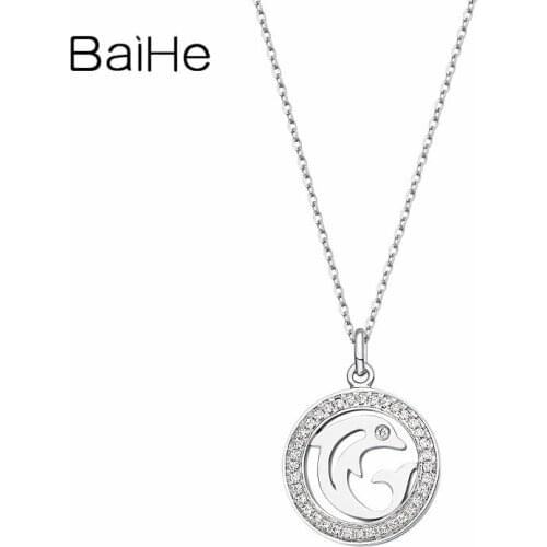 BAIHE Solid 18K White Gold 0.2ct H/SI Round Natural Diamonds Women Wedding Fine Jewelry Round dolphin diamond pendant Necklaces