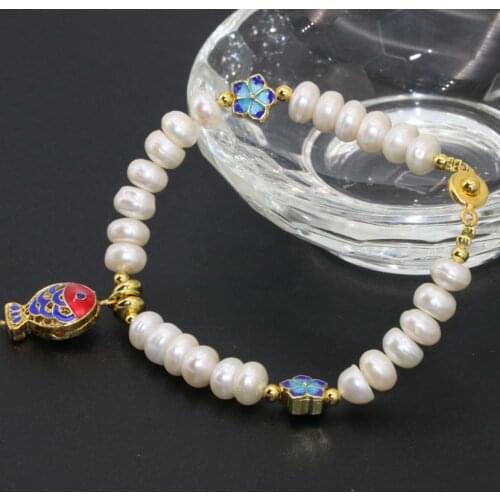 Bohemia style unique cloisonne 6*8mm natural white freshwater cultured button abacus pearl beads bracelets jewelry 7.5inch B2757