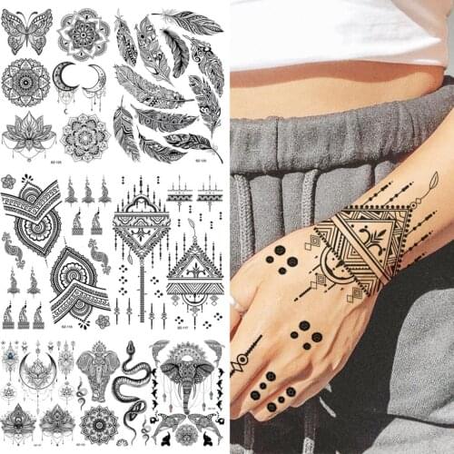 Black Geometric Henna Lace Temporary Tattoos For Women Adults Feather Lotus Snake Elephant Whale Fake Tattoo Sticker Body Tatoos