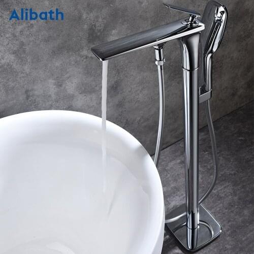 Black Chrome Free Standing Bathroom Bathtub Faucet Brass Handheld Shower Single Handle Tub Mixer Taps Floor Mounted Bath Tub Set