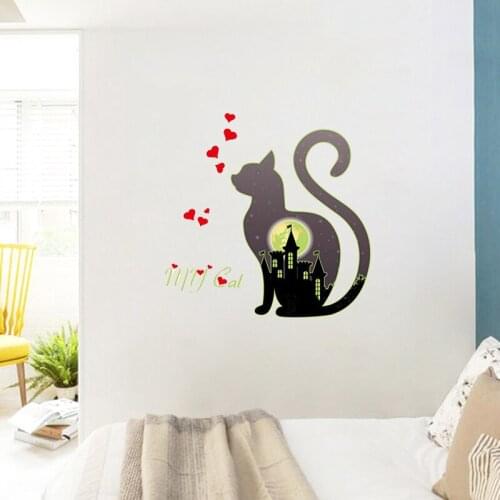 Cute luminous cat heart city wall stickers for kids rooms night light fluorescent decor cartoon animal wall decals pvc mural art