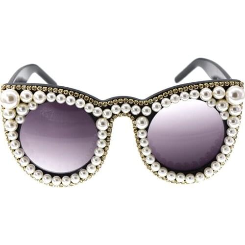 Fashion luxury rhinestones cat eye sunglasses women brand designer oversized cat sunglasses pearl ladies party black