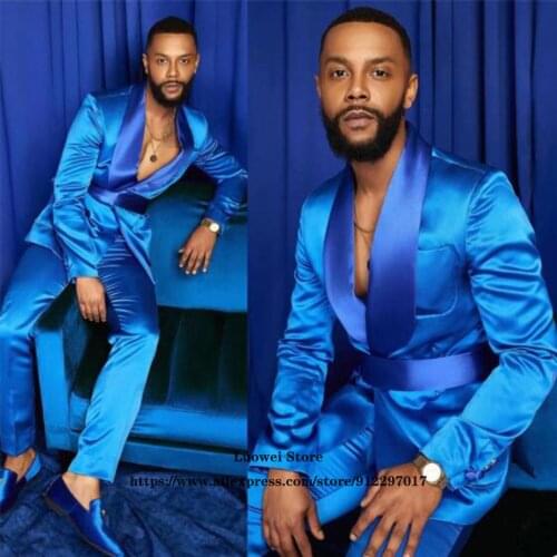 Fashion Blue Mens Suits Slim Fit Casual Wedding Groom Tuxedo Formal Business Blazer Terno Masculino 2 Piece Set (Jacket + Pants)