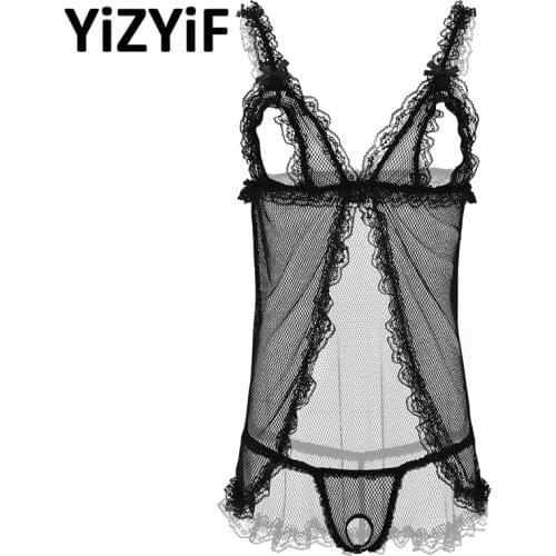 Mens Sissy Lingerie Fishnet Sheer See Through men Lace Lingerie Set Elastic Shoulder Straps Open Cups Tops with G-string Briefs