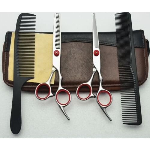 4Pcs Suit 6.0'' Red CUSTOMIZED LOGO Professional Human Hair Scissors Hairdressing Sears Combs + Cutting Scissor + Thinning C1001