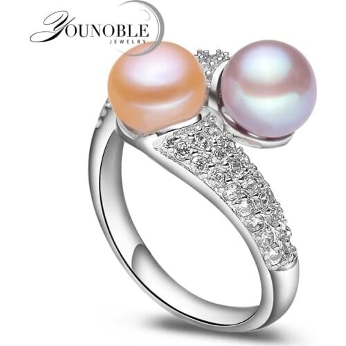 Real Natural Freshwater Black Double Pearl Ring Women,Exquisite 925 Sterling Silver Ring Fine Jewelry Adjustable