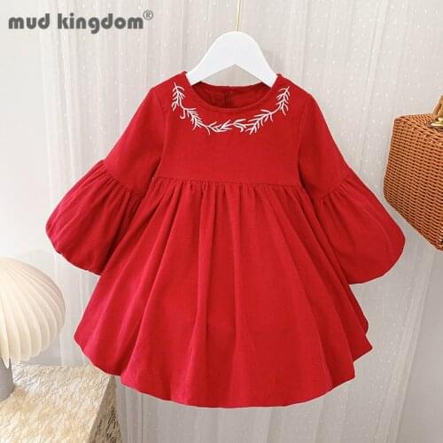 Mudkingdom Girls Dress Embroidery Lartern Long Sleeve Crew Neck Sashes Solid Spring Dresses for Little Girl Children Clothing