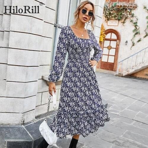 HiloRill Elegant A Line Party Dress Women Floral Print Square Collar Vintage Dress Female Long Sleeve Chic Midi Dresses 2021
