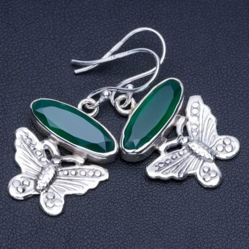 Natural Chrysoprase Butterfly Unique Punk Style 925 Sterling Silver Earrings 1 1/2" P1598