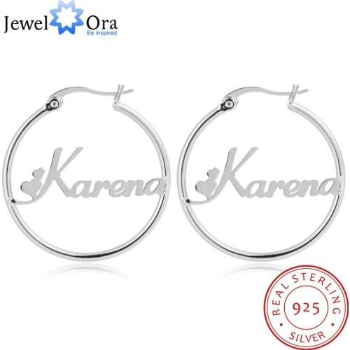 JewelOra Personalized 925 Sterling Silver Name Hoop Earrings for Women Custom Nameplate Earrings Fine Jewelry Gift for Wife