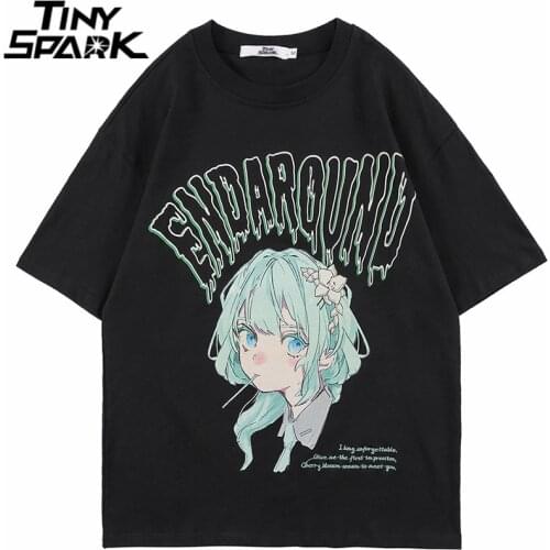 Hip Hop Streetwear T Shirt Anime Girl Letter Print T-Shirt 2021 Men Harajuku Cotton Casual Tshirt Short Sleeve Tops Tees Black