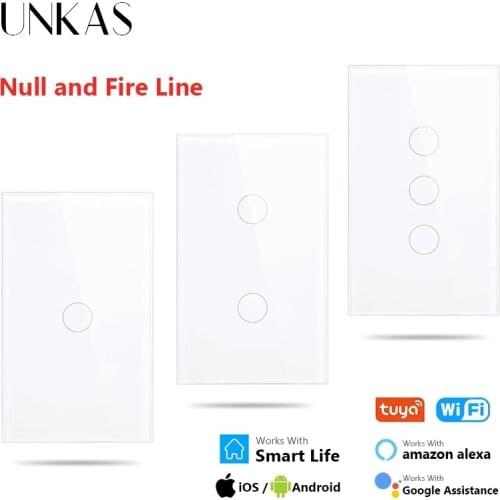 UNKAS 1 / 2 / 3 Gang Crystal Glass Panel US Standard WIFI Touch Light Switch Tuya Smart Life APP Home Null And Fire Line Outlet