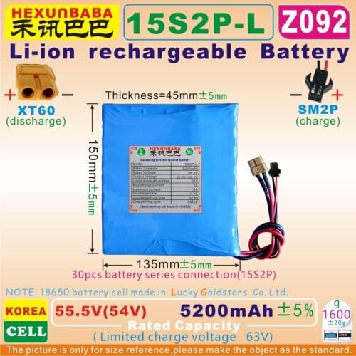 [Z092] 55.5V / 54V 5200mAh / 288Wh;XT60/ SM2P;15S2P;Li-ion battery pack for ninebot one E Self Balance Unicycle;Scooter;LG cell