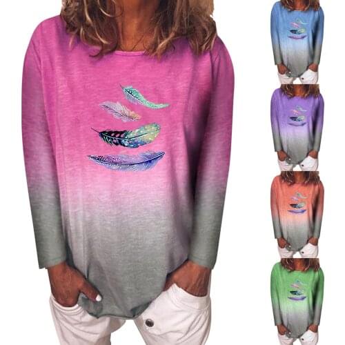 Women Fashion Casual Round Neck Long Sleeve T-Shirt Blouse Color-gradient Feather Lovely Girls Daily Shirt