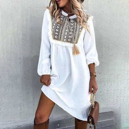 Female Ethnic Vintage Pattern Patchwork Shirt Tassel Dress O Neck Lantern Sleeve Large Hem Midi Dresses Woman Summer 2021