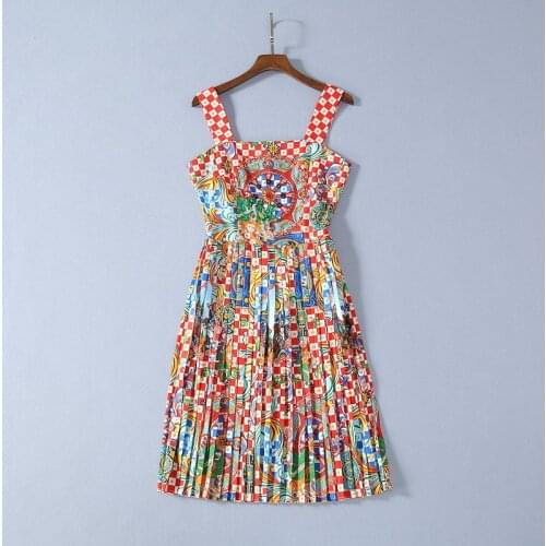 European Spring 2021 for and American womens wear Condole belt Beaded vintage print Fashion pleated dress