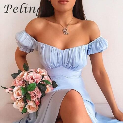 2021 Summer Slash Neck Elegant Midi Dress High Waist Short Puff Sleeve Bow Sexy Chiffon Dress High Street Office Lady Vestidos