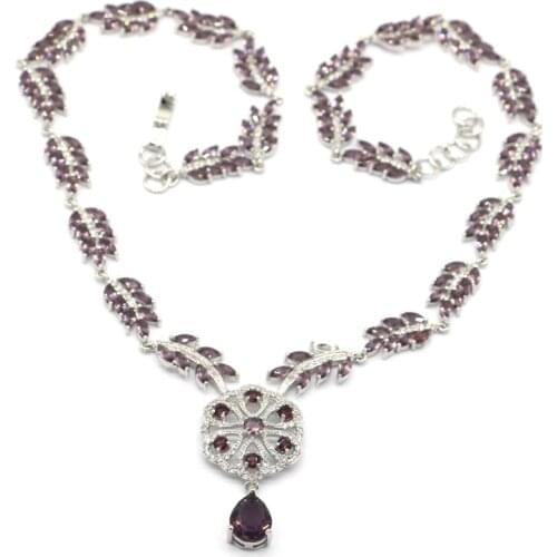 45x11mm SheCrown 45g Ravishing Created Pink Raspberry Rhodolite Garnet CZ Women Wedding Silver Necklace 18.5-19.5inch
