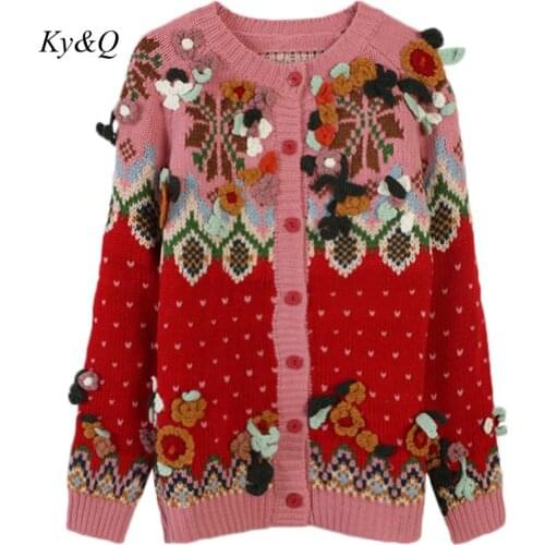 2021 Brands Christmas Autumn Winter Embroidery Flowers Handmade crochet flower round neck long sleeve loose knit cardigan