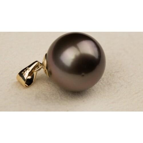 Free Shipping Lustrous 12.05mm Round Purple Tahitian Cultured Pearl Pendant 9k Yellow Gold #0207