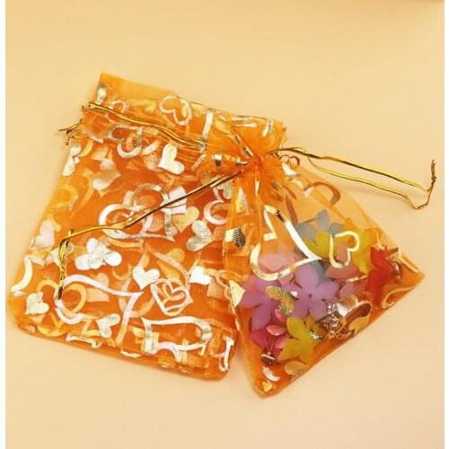 Big 20x30cm Bronzing Organza Heart Orange Packaging Bags For Jewelry Wedding Voile Gift Bag Decoration Gift Candy Bags 100pcs