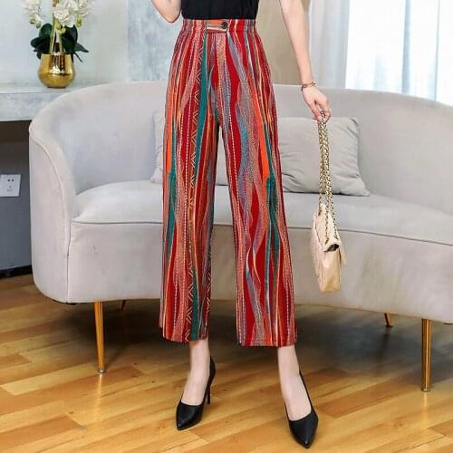 Spring Elastic High Waist Womans Wide Leg Pants Loose Print Ladies Trousers Female Ankle Length Pants with Pockets