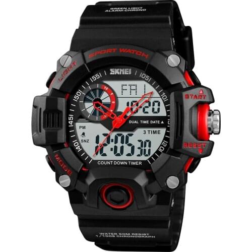 SKMEI Men Sports 3 Time Chrono Watches Alarm EL Backlight Date Week Casual Watch Waterproof 12/24 Hour Count Down Wristwatches