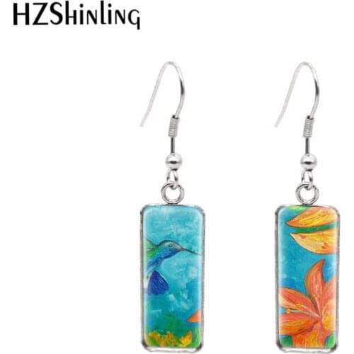 Hummingbird Flower Oil Painting Rectangular Hook Earrings Dangle Drop Glass Cabochon Dome Pendants Ear Jewelry for Girls