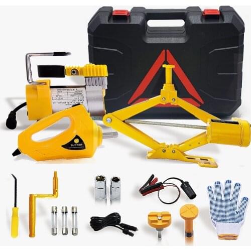 E-HEELP 12V 3in1 Car Electric Jack Lifting Set Built-in Flash LED Light with Impact Wrench & Air pump for Emergency Tire Repair