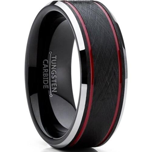 Customize Unique Tungsten Carbide Wedding Rings Black with Double Red Line Promised Rings for Her and Him