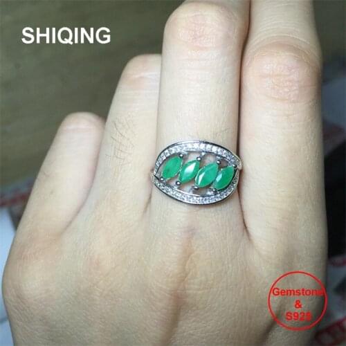 SHIQING Nature green 4pcs emerald 925 sterling silver luxury precious gemstone leaf ring for women
