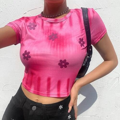 Summer Crop Tops Glitter Floral Sequin Short Sleeve O-Neck Slim Stylish Tie-Dye Printed T-Shirt 2021 Wild Casual Cool Tops