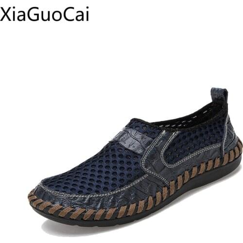 Breathable Fashion Men Casual Shoes Printed Toe Mesh Male Genuine Leather Male Loafers Slip-on Summer Slip-ons W4 35