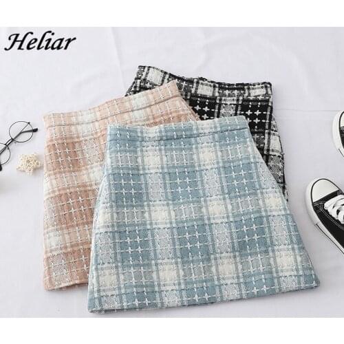 HELIAR Women Tweed Plaid Skirts Female Bodycon Skirts Wide Leg Highstreet High Waist Skirts Vintage Mini Skirt Women 2021 Spring