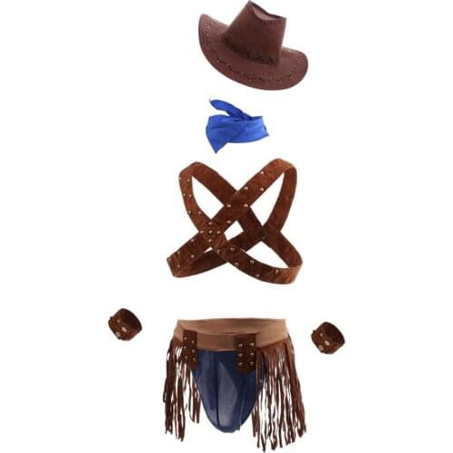 Men Sexy Lingerie Leather Harness Cosplay Role Play Outfit Leather Tops & Tassels Thong & Hat & Scarf & Bracelets Set