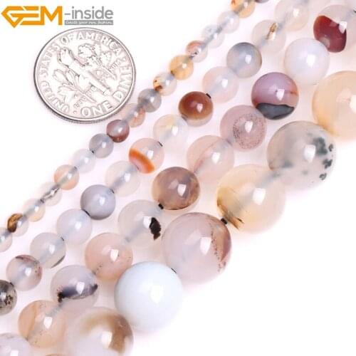 Gem-inside 4-12mm 15'' Natural Round Gray Dendritic Agates Stone Beads For Jewelry Making Beads DIY Beads Trinket Bracelets