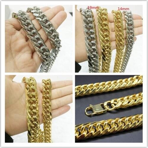 New Charming Heavy 14/19mm Silver / Yellow Gold color 316L Stainless Steel Curb Cuban Chain Mens Boys Necklace 7"-40"