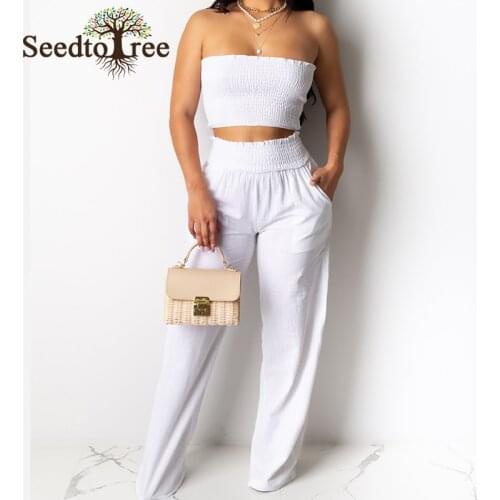 Solid Bandeau Shirring Design Top & Pants Set Smocked Casual Summer Holiday Women Two Piece Set