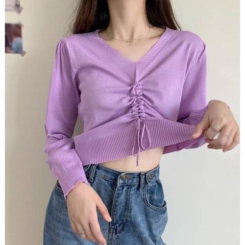 Fall Drawstring Long Sleeve V-neck Sweater Solid Color Ladies Korean Style Thin Puff Sleeve Pullover Jumpers 2020