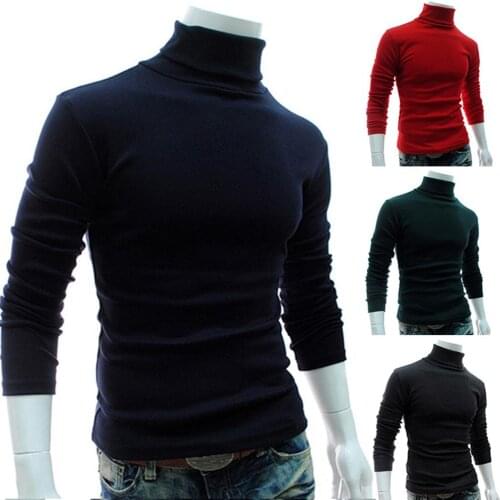 Autumn Men Solid Color Turtle Neck Long Sleeve Sweater Slim Knitted Pullover Top Solid Color, Slim Fits,All-match Mens Clothing