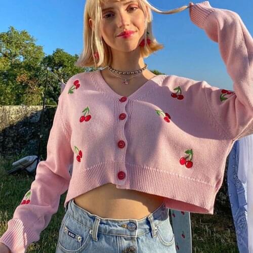 2020 Autumn Womens Long-sleeved Sweater V-neck Button Cardigan Cherry Female Loose Knit Top