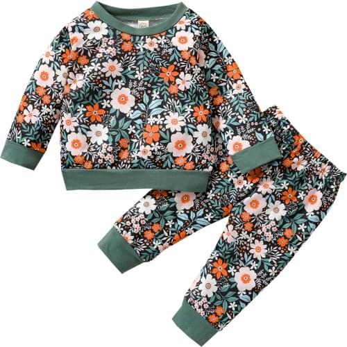 1-4Years Girls Casual Two-piece Clothes Set, Leaves and Flower Printed Pattern Pullover and Pants
