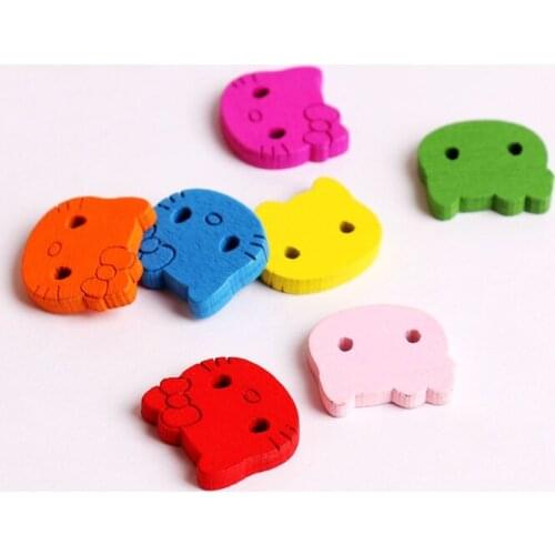 Craft Supplies Kitty Cat Wooden Buttons Animal Mixed Color Carved 50pcs Baby Girl Sweater Accessories Needlework Sewing 21*20mm