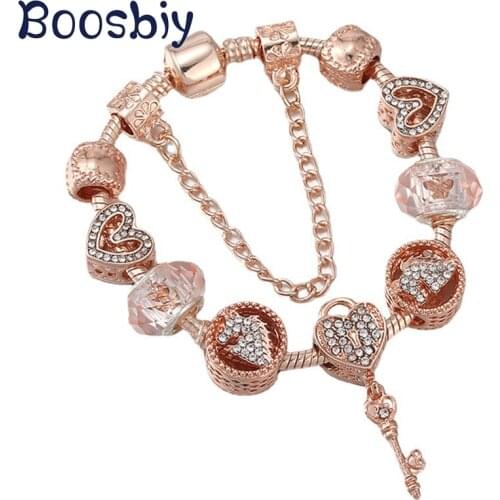 Rose Gold Charm Bracelet With Crystal Love Key Pendants DIY Fashion Snake Chain Braclet For Women Jewelry Gift Dropshipping